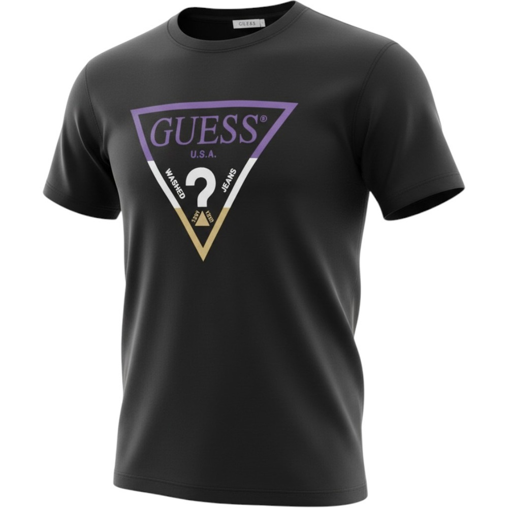 Guess USA Washed Jeans Graphic Tee Black Purple Triangle Logo Mens Medium